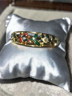 Vintage Multicolor Floral Cloisonné Enamel Hinged Bangle Gold Tone Bracelet